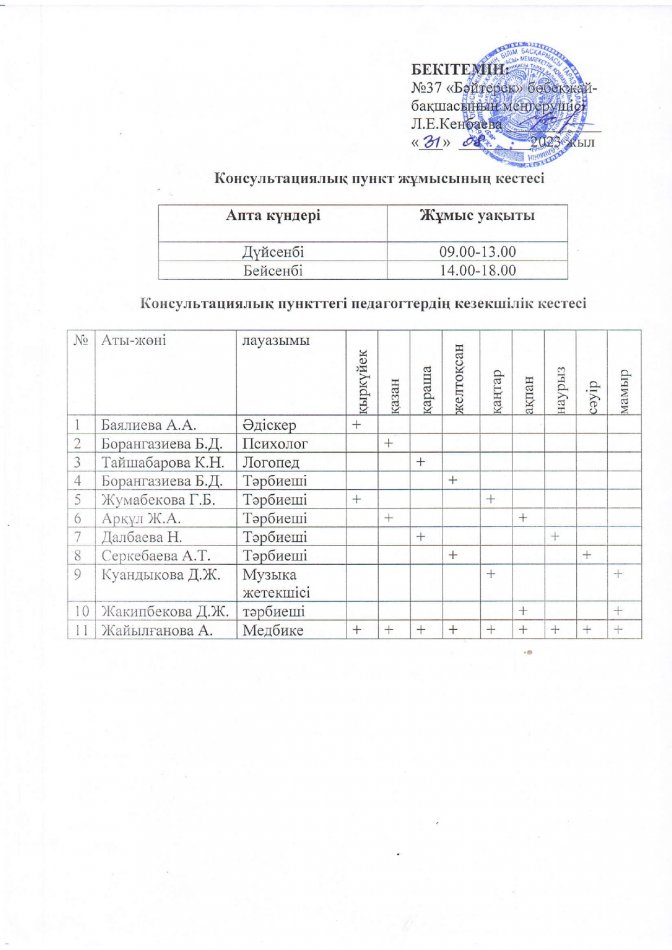 Консультациялық пункт жұмыс кестесі