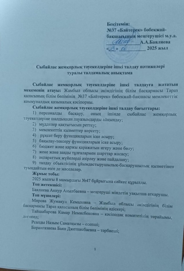 Сыбайлас жемқорлық тәуекелдеріне ішкі талдау нәтижелері туралы талдамалық анықтама